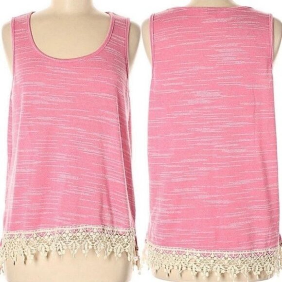 Umgee Pink Tank Top Crochet Hem Heathered Size Medium Bohemian Fringe Hippie - Picture 2 of 7